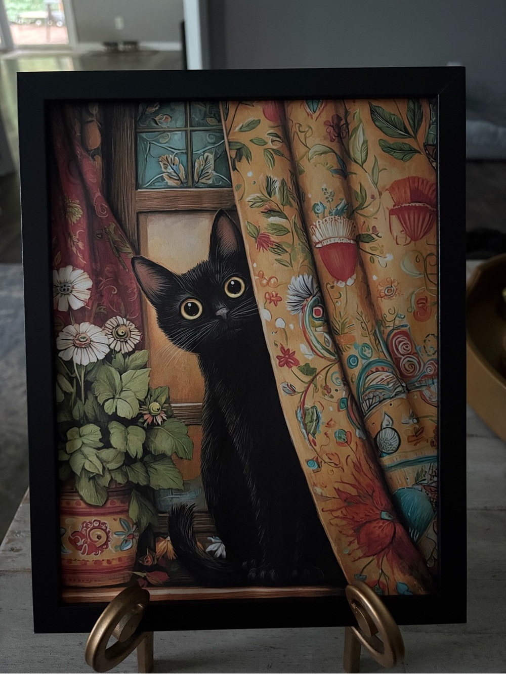 Framed 8x10 Art Print - Black Cat Peeking with Yellow Floral Curtain
